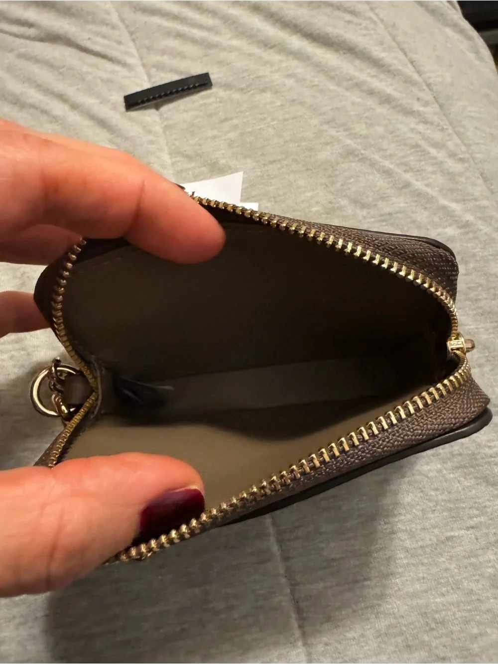 Coach Dark Stone Pebbled Leather Zip Card Case Wallet Chain NWT